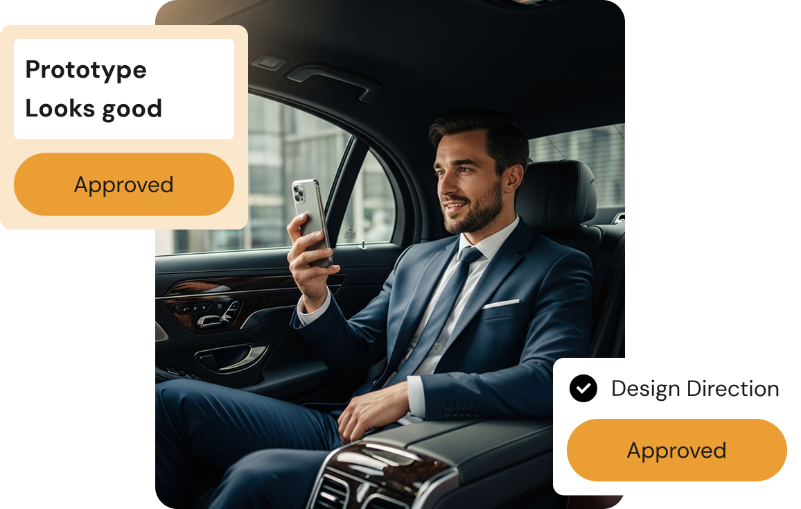 Founder reviewing an app concept from the back seat of a car