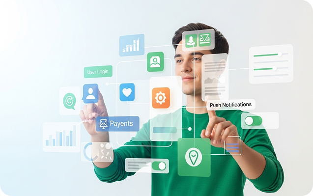 A person interacting with app feature icons in an augmented reality style interface
